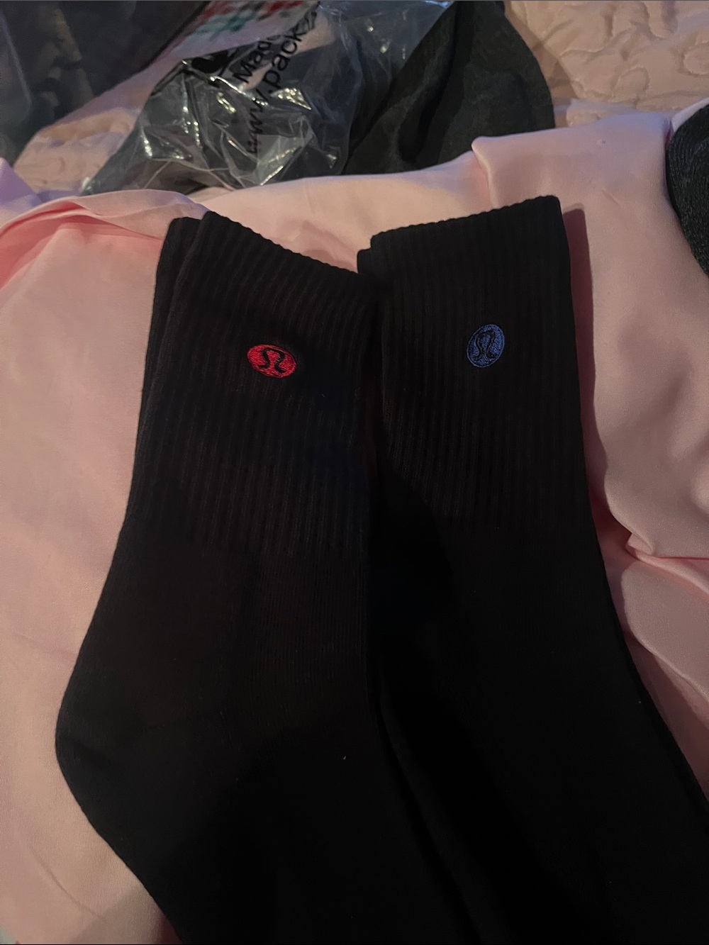 lululemon athletica Black Crew Socks with Red and Blue Logos 2 pack
